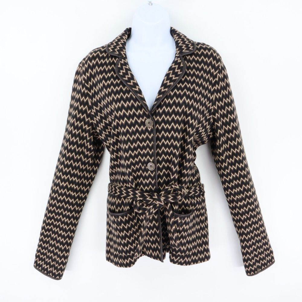 Charter‎ Club Blazer Jacket Womens M Black Brown Zig Zag Stripes Belted Pockets